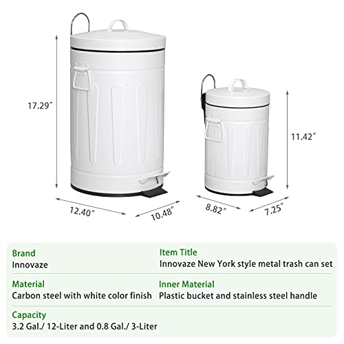 Innovaze 3.2 Gal + 0.8 Gal kúpeľňový odpadkový kôš, štýlový biely oceľový malý odpadkový kôš s vekom a odnímateľným
