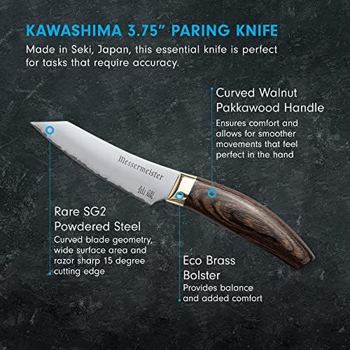 Messermeister Kawashima 3,75 krájací nôž-prášková oceľ SG2, eko-mosadz a rukoväť z orechového Pakkawoodu-vyrobené