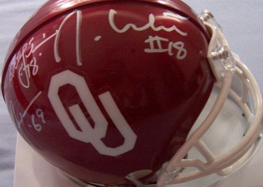 Steve Owens Billy Sims Jason White podpísané auto Oklahoma Sooners mini helma JSA-podpísané College Mini prilby